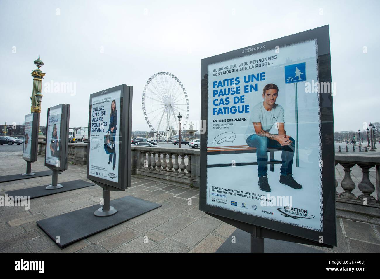 Illustration eine neue Kampagne zur Straßenverkehrssicherheit am 10. März 2017 am Hauptsitz der FIA in Paris. Stockfoto