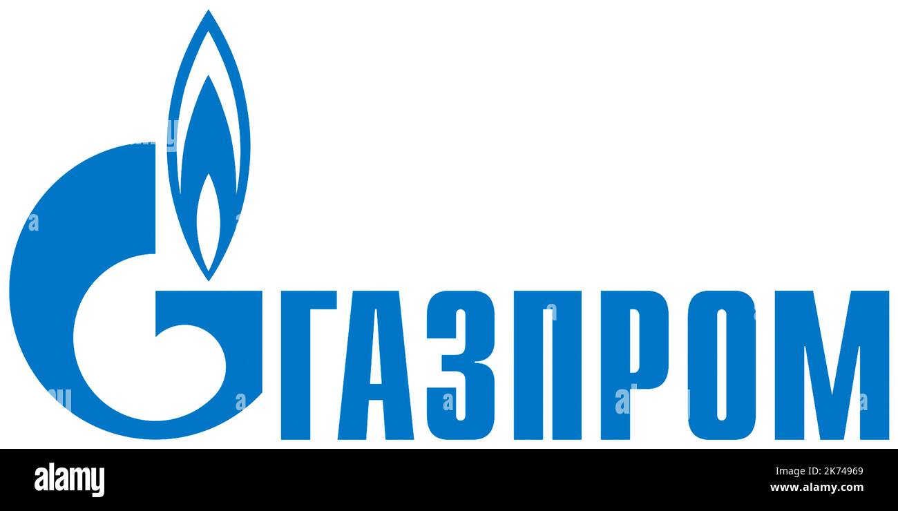 Firmenlogo des russischen Energiekonzerns Gazprom in kyrillischer Schrift mit Sitz in St. Petersburg - Russland. Stockfoto