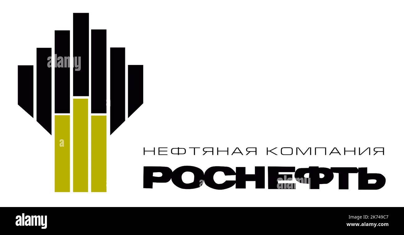 Logo der russischen Ölgesellschaft Rosneft in kyrillischer Schrift mit Sitz in Moskau - Russland. Stockfoto