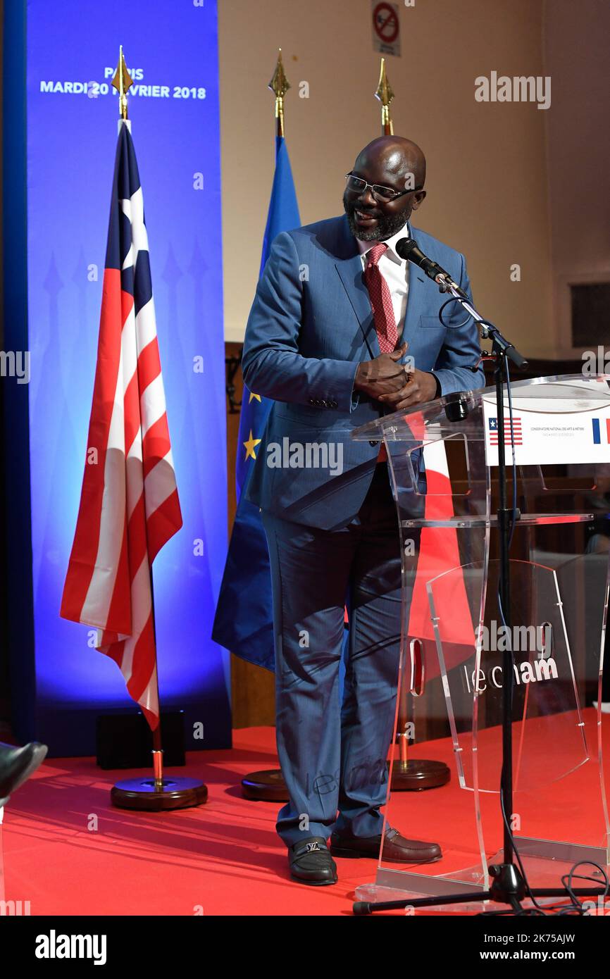 George Weah, ehemaliger Fußballspieler und neuer Präsident der republik Liberia am CNAM (ZENTRUM FÜR KUNST UND WERKE) in Paris Stockfoto