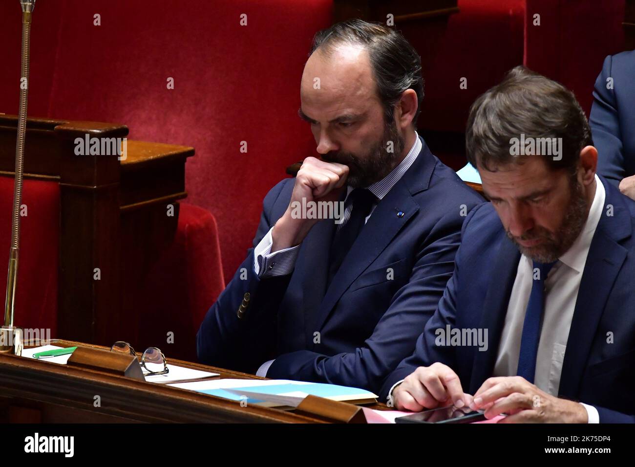 Der französische Premierminister Edouard Philippe während der wöchentlichen Anfragen an die Regierung auf der Nationalversammlung am 27. März 2018. Stockfoto