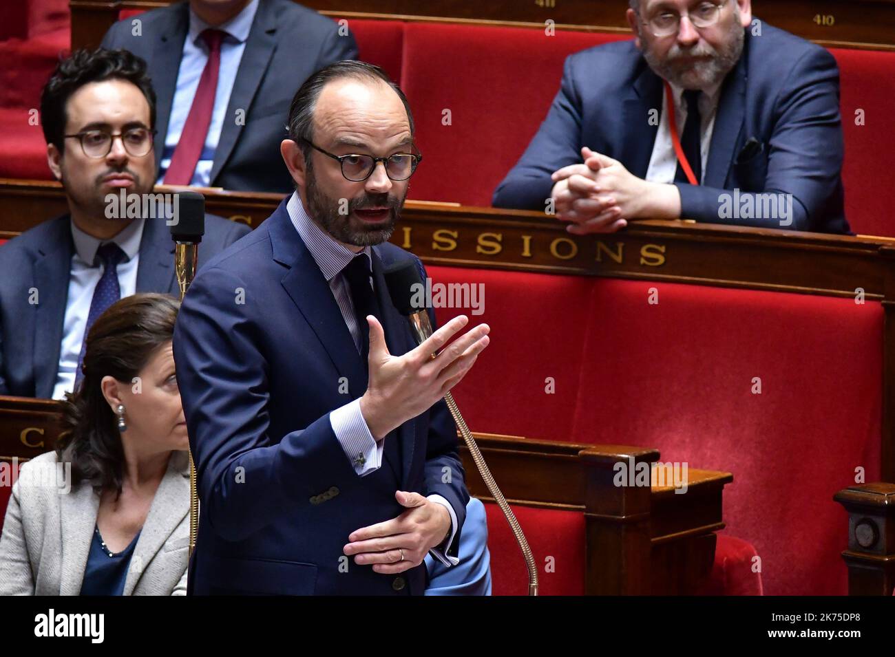 Der französische Premierminister Edouard Philippe während der wöchentlichen Anfragen an die Regierung auf der Nationalversammlung am 27. März 2018. Stockfoto