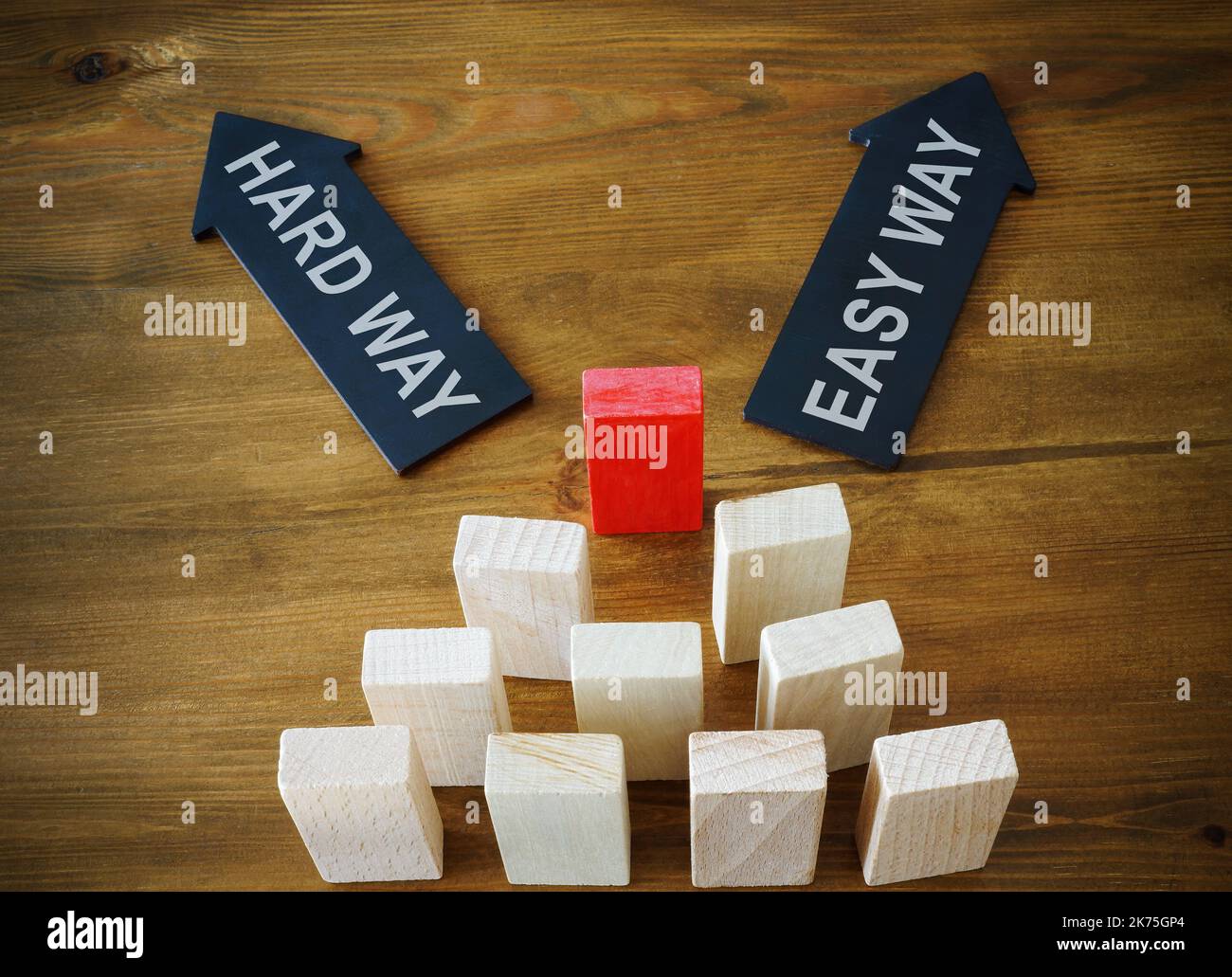 Führen Sie mit Pfeilen hart und einfach Weg. Entscheidungsfindung in der Führung. Stockfoto