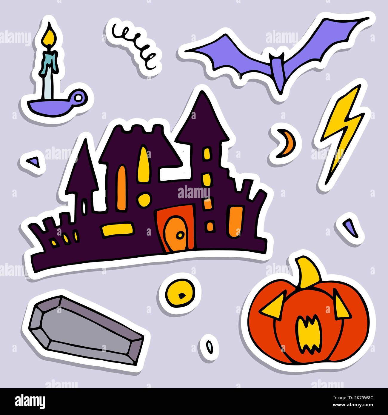 Doodle Halloween Aufkleber Set. Handgezeichneter Herbstkürbis, Schloss, Kerze, Sarg auf violettem Hintergrund. Niedliches gruseliges Horror-Banner für Herbstferien, Day Stock Vektor