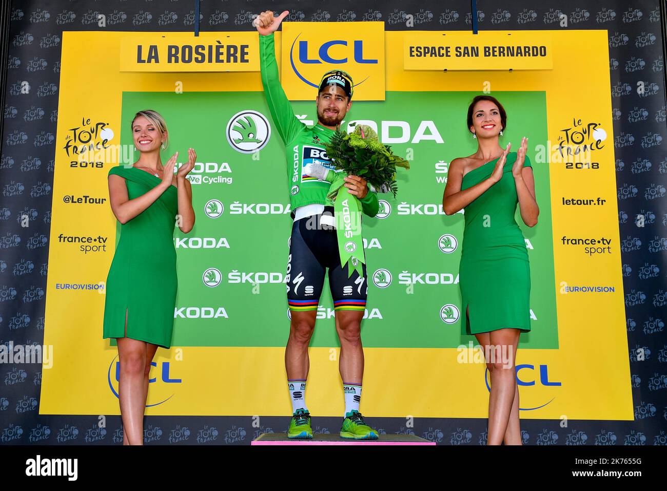 Peter Sagan UCI WorldTeam Bora-Hansgrohe grünes Trikot. Tour de France 2018 - Etappe 11 - Albertville nach La Rosiere Stockfoto