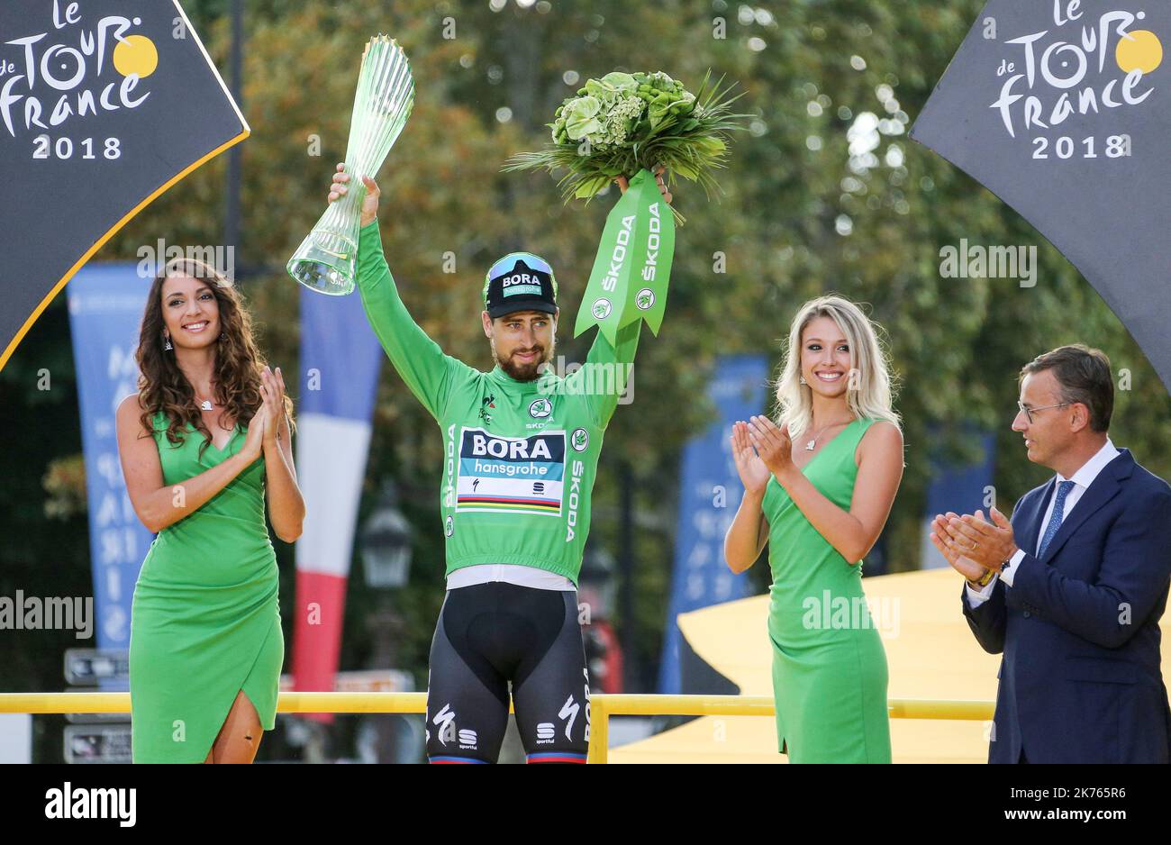 Bora Hansgrohe Teamrider Peter Sagan aus der Slowakei trägt das beste Sprinter Green Trikot Stockfoto