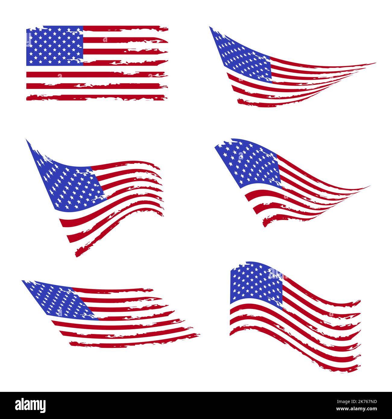 Gewellte amerikanische Flagge gesetzt. Alte Vintage Flagge der Vereinigten Staaten. Grunge USA Flagge. Isoliert auf weißem Hintergrund. Vektorgrafik. Stock Vektor