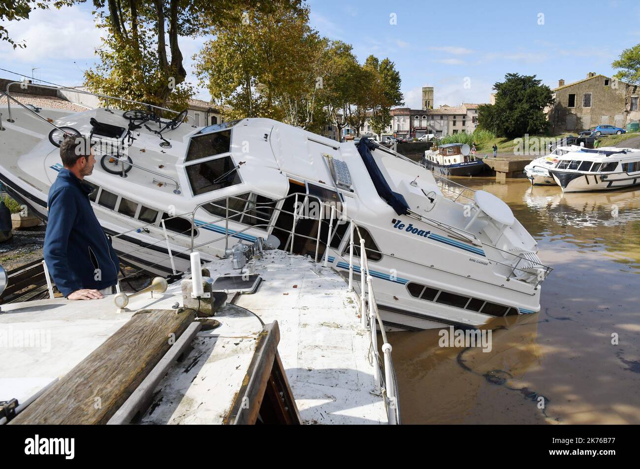 Szenen der Sturzflut in Trebes, in der Nähe von Carcassonne, Frankreich. Mindestens 10 Menschen sind nach einem Sturzflut in der südfranzösischen Region Aude gestorben, sagten lokale Beamte am Montag Stockfoto