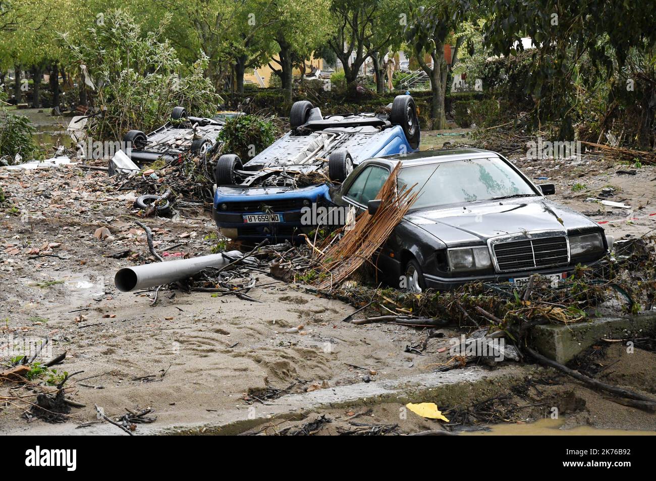 Szenen der Sturzflut in Trebes, in der Nähe von Carcassonne, Frankreich. Mindestens 10 Menschen sind nach einem Sturzflut in der südfranzösischen Region Aude gestorben, sagten lokale Beamte am Montag Stockfoto