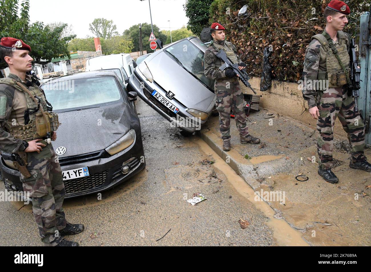 Szenen der Sturzflut in Trebes, in der Nähe von Carcassonne, Frankreich. Mindestens 10 Menschen sind nach einem Sturzflut in der südfranzösischen Region Aude gestorben, sagten lokale Beamte am Montag Stockfoto