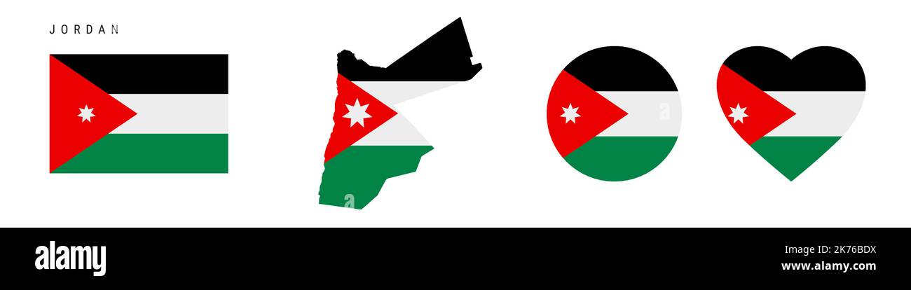 Symbol für die Jordan-Flagge gesetzt. Haschemitisches Königreich Jordanien Wimpel in offiziellen Farben und Proportionen. Rechteckig, kartenförmig, Kreis- und herzförmig. Flach V Stock Vektor