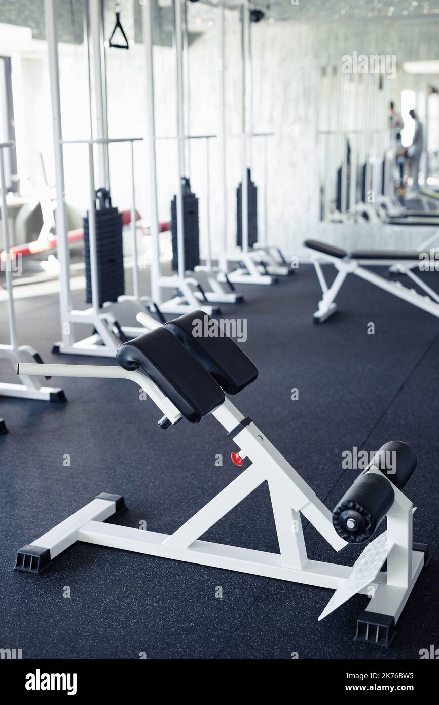 Vertikales Bild von Sportgeräten für körperliche Übungen im Health Club Stockfoto