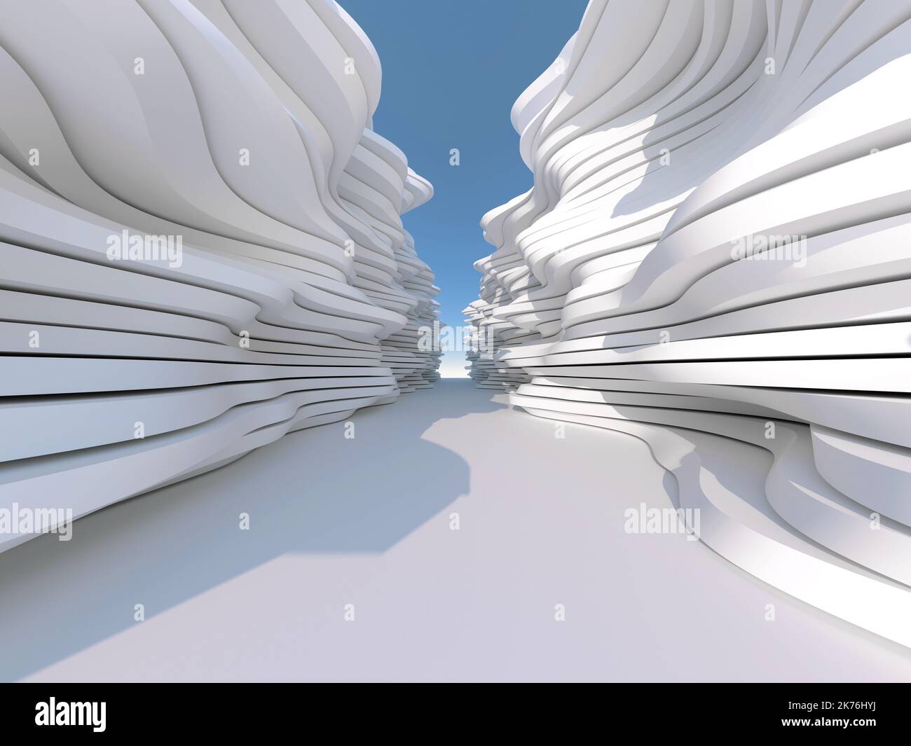 Abstrakter weißer Tunnel-Innenhintergrund mit gewellten Wänden, 3D Rendering-Illustration Stockfoto