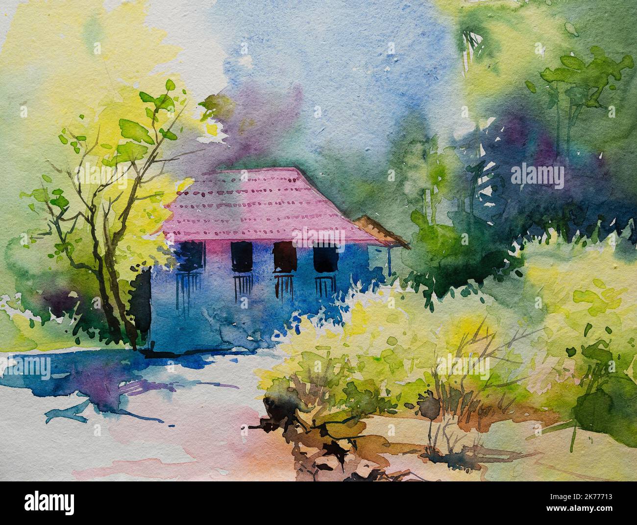 Schöne ländliche Indien Aquarell mit Dorfhaus und Bäumen. Natur szenisches Bild, handgemachte Aquarell-Illustration. Stockfoto