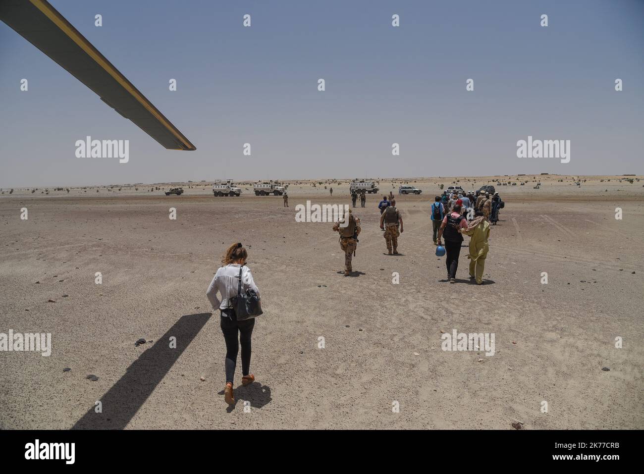 / 06/05/2019 - Mali / Tombouctou (Timbuktu) / Koygouma - Eine Delegation des UNHCR und der MINUSMA, begleitet vom Gouverneur der Region Timbuktu, Koina AG Ahmadou, trifft am 6. Mai in Koygouma (Goundam Circle) in der Region Timbuktu ein. 2019 im Rahmen der Rückführung von 2.086 malischen Flüchtlingen aus dem Lager Mbera in Mauretanien, die 2013 den Konflikt verlassen mussten. Stockfoto