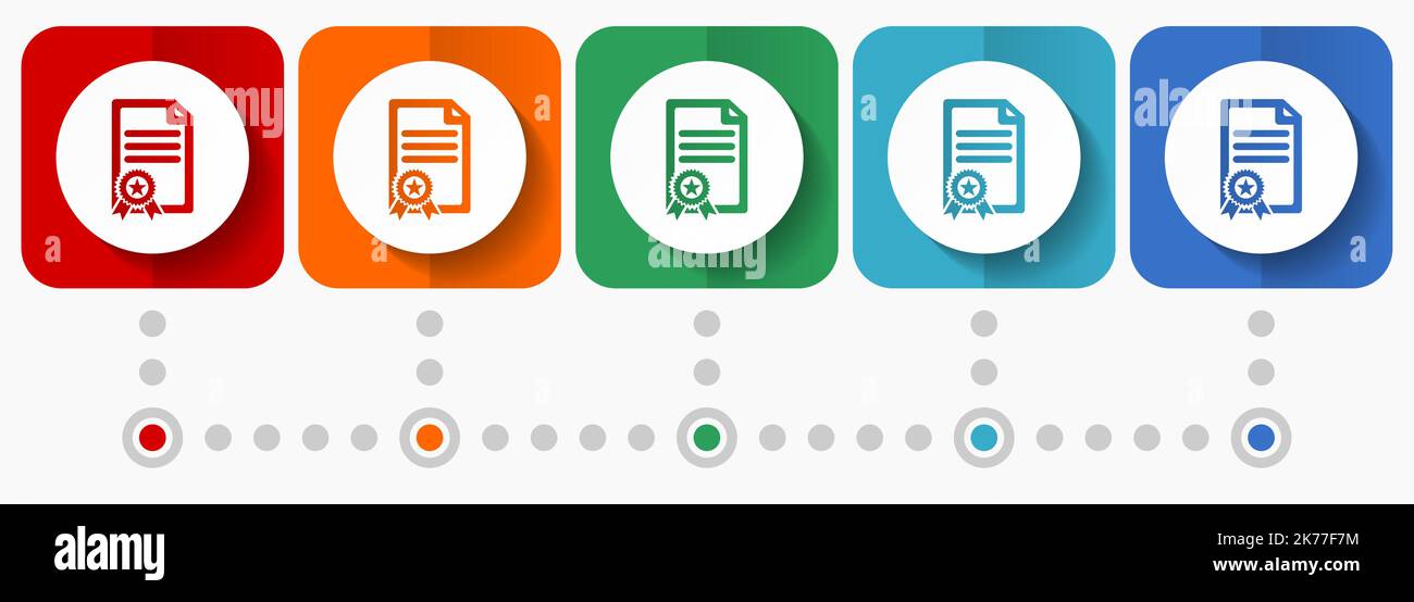 Zertifikat, Diplom, Leistung Vektor-Symbole, Infografik-Vorlage, Satz von flachen Design-Symbole in 5 Farboptionen Stock Vektor