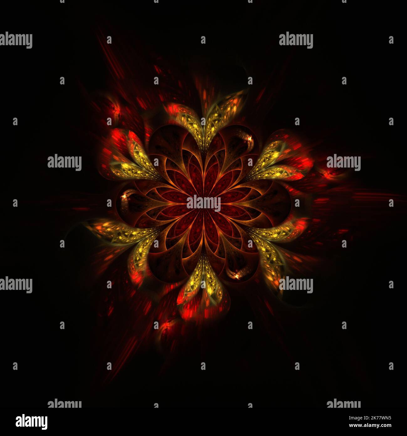 Abstrakte Feuer fraktale Blume auf schwarzem Hintergrund Stockfoto
