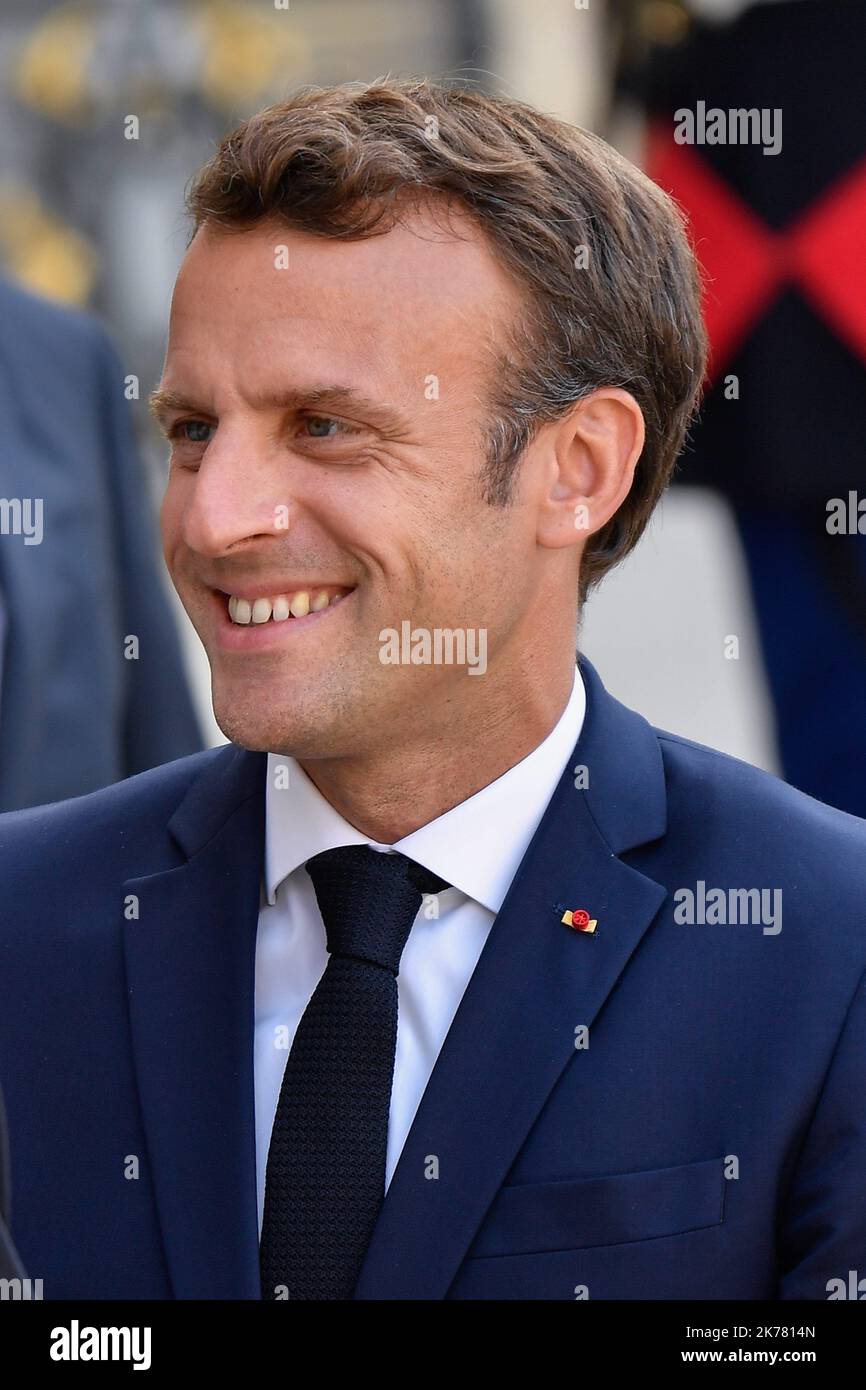 Der Präsident der Republik, Emmanuel Macron, empfing am 10. Juli 2019 den Präsidenten der irakischen Regionalregierung Kurdistans, Herrn Nechirvan Barzani, im Elysee-Palast. Stockfoto