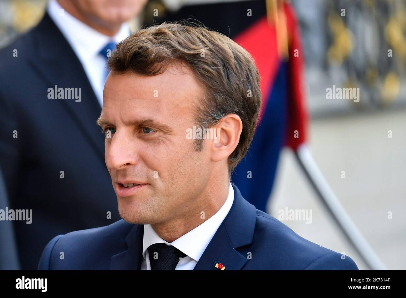 Der Präsident der Republik, Emmanuel Macron, empfing am 10. Juli 2019 den Präsidenten der irakischen Regionalregierung Kurdistans, Herrn Nechirvan Barzani, im Elysee-Palast. Stockfoto