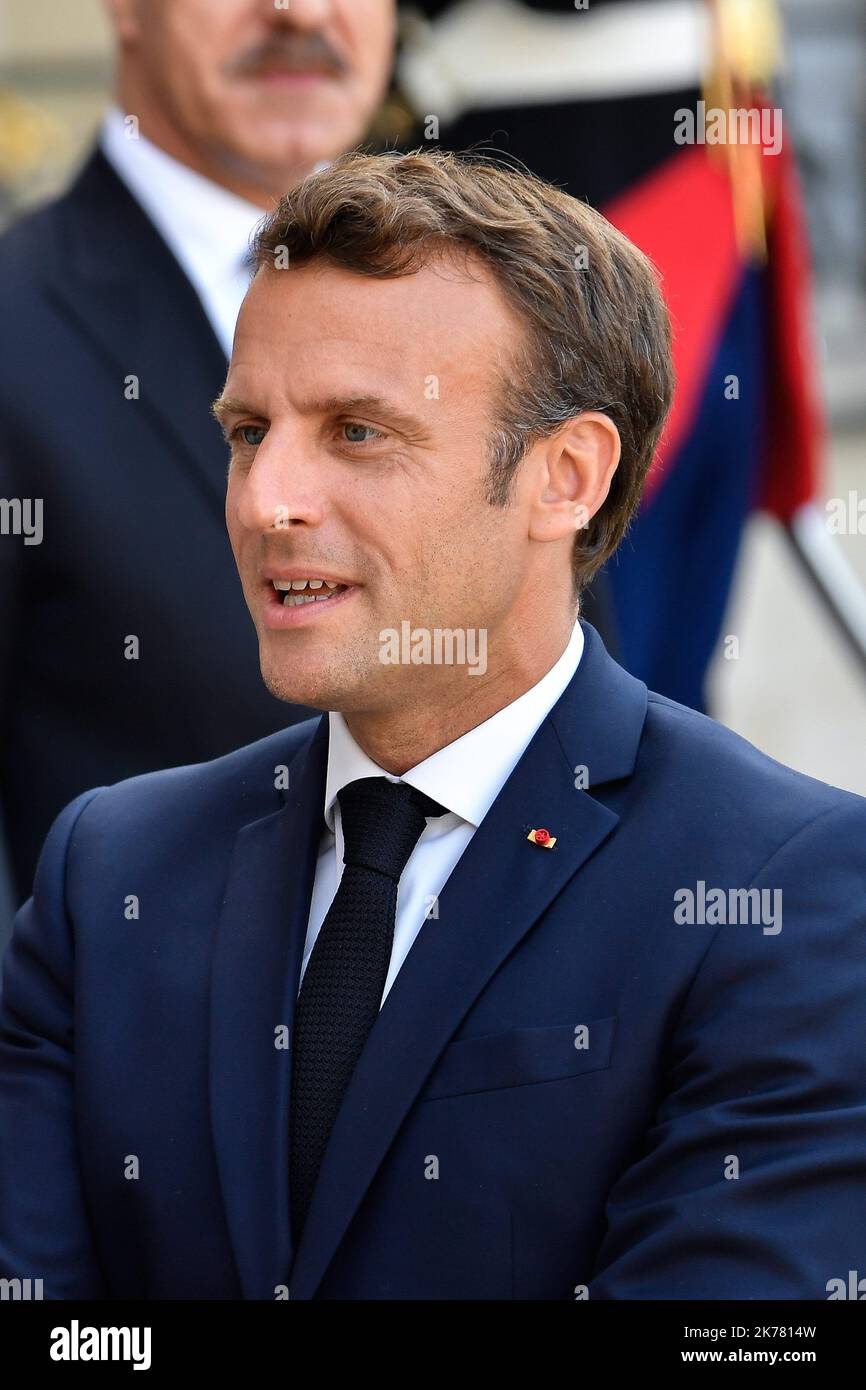 Der Präsident der Republik, Emmanuel Macron, empfing am 10. Juli 2019 den Präsidenten der irakischen Regionalregierung Kurdistans, Herrn Nechirvan Barzani, im Elysee-Palast. Stockfoto