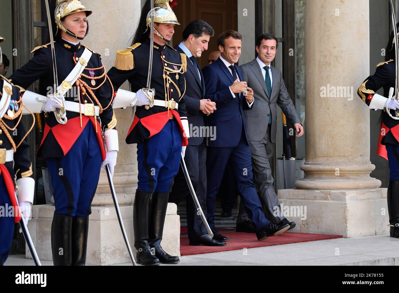 Der Präsident der Republik, Emmanuel Macron, empfing am 10. Juli 2019 den Präsidenten der irakischen Regionalregierung Kurdistans, Herrn Nechirvan Barzani, im Elysee-Palast. Stockfoto