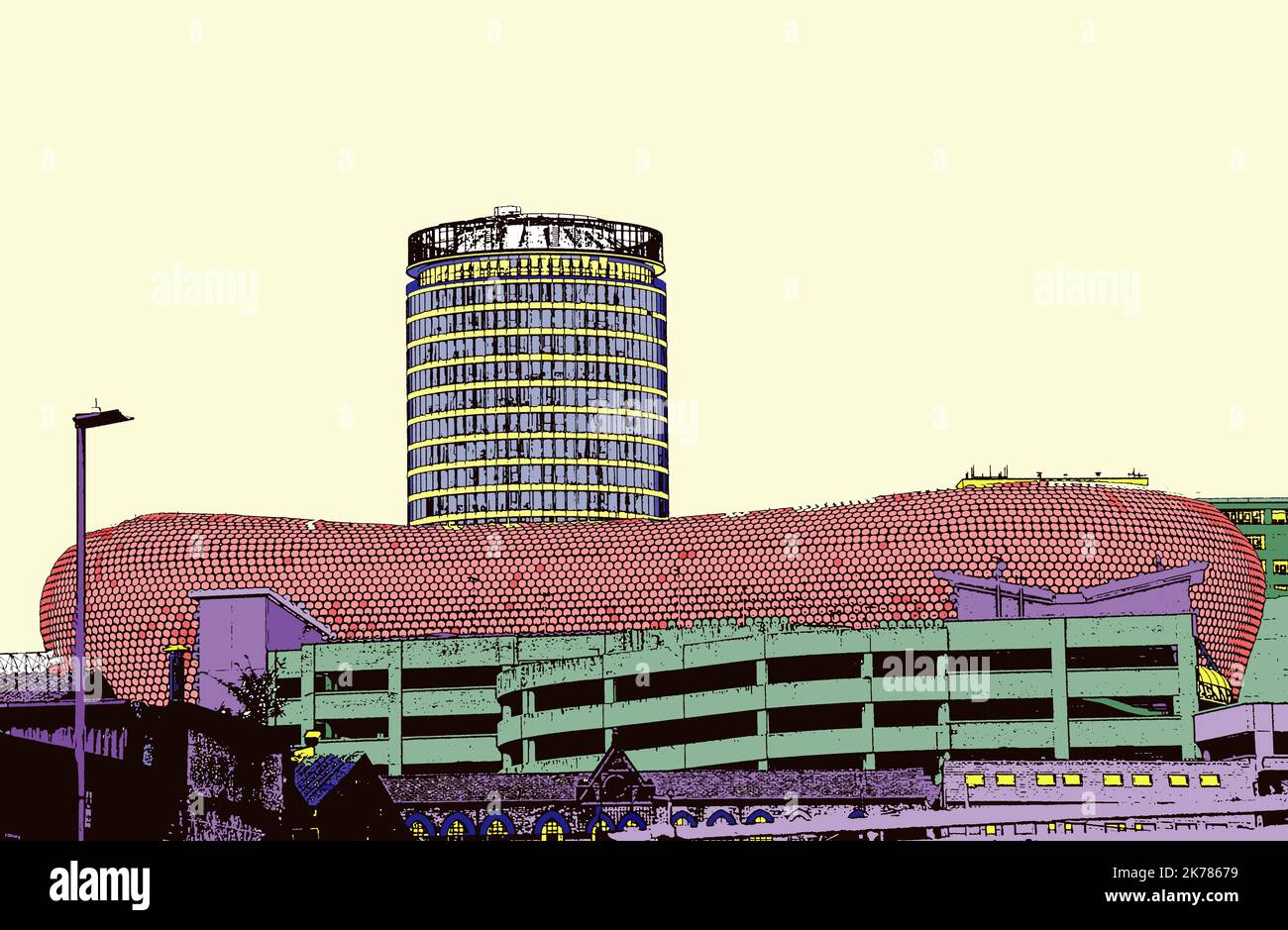 Birmingham City Centre in hellen, lebendigen Farben, eine Reihe von digitalen Kunstwerken inspiriert von der farbenfrohen und vielfältigen Gemeinde Birmingham Stockfoto