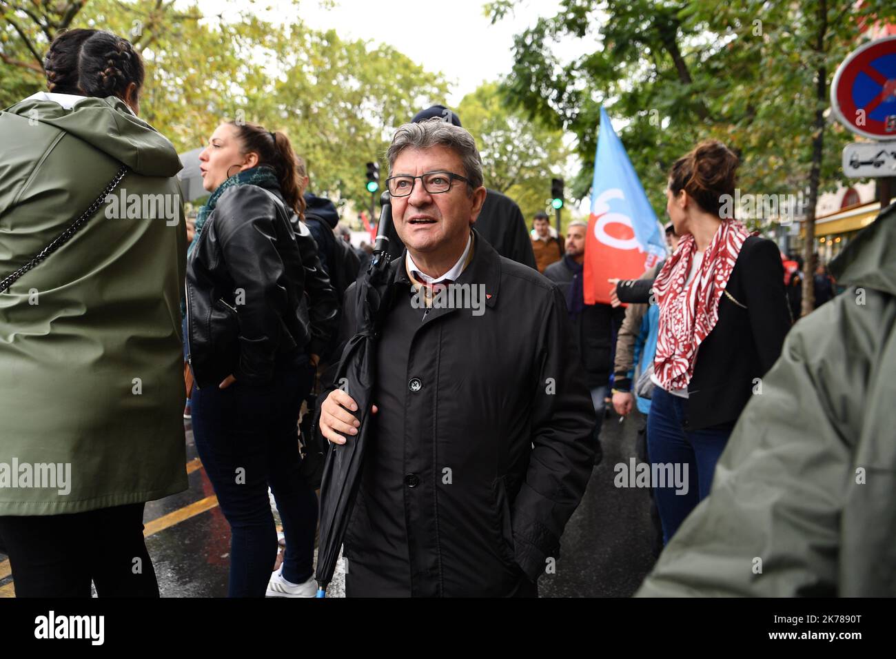 Jean-Luc Melenchon aus Frankreich Insoumise. Einheitlicher Protest in Paris gegen die Rentenreform, Dienstag, 24. September 2019. Stockfoto