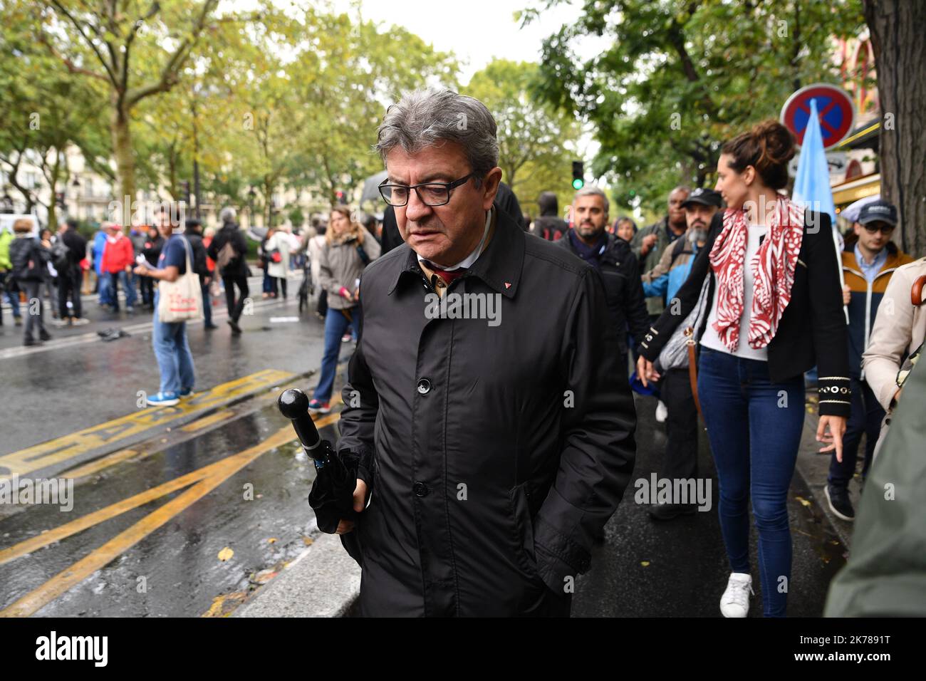Jean-Luc Melenchon aus Frankreich Insoumise. Einheitlicher Protest in Paris gegen die Rentenreform, Dienstag, 24. September 2019. Stockfoto