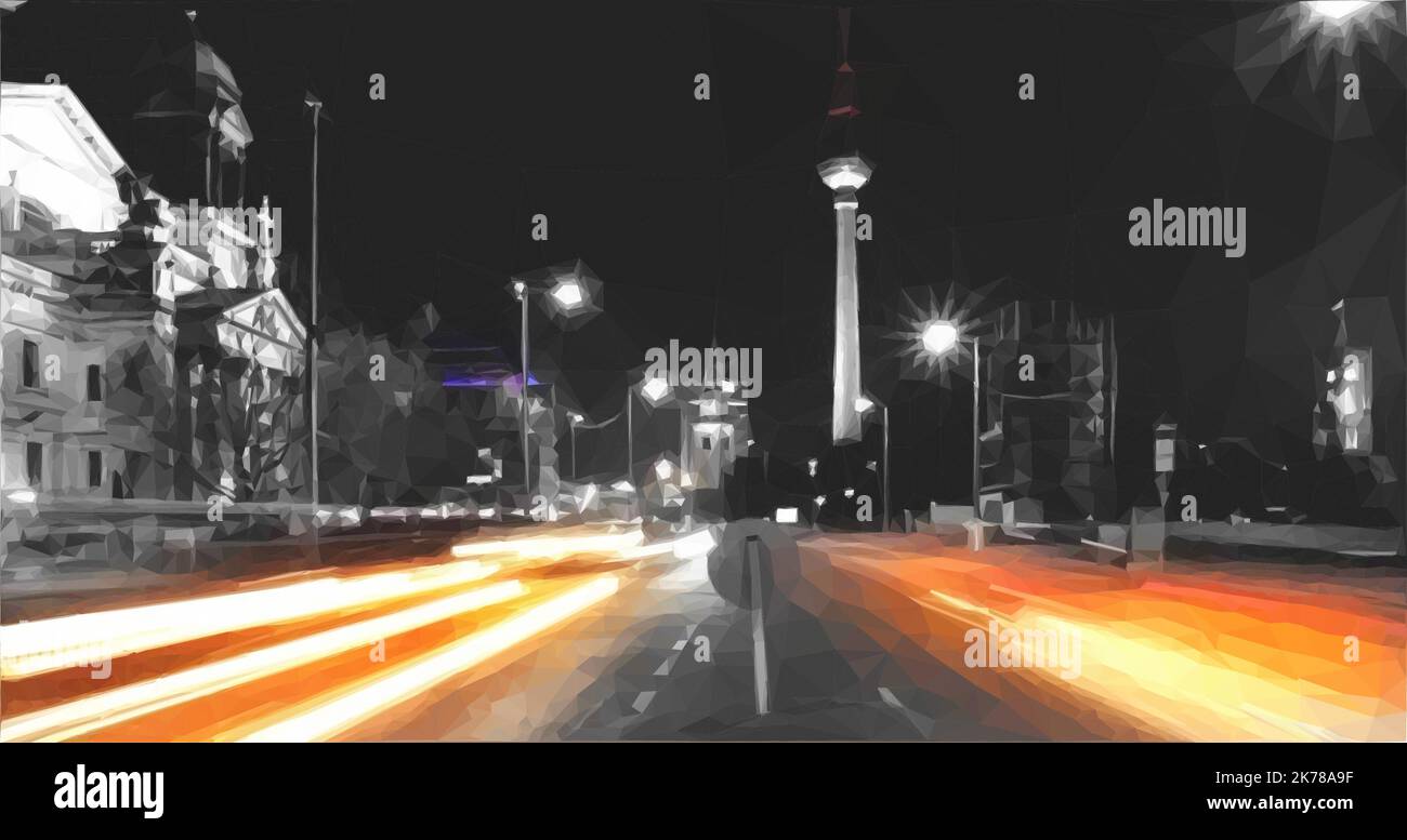 Nachts auf den Straßen Berlins. Der Fernsehturm ist im Hintergrund zu sehen. Orangefarbene Ampeln vom vorbeifahrenden Verkehr. Vektor in Low-Poly-Art. Stock Vektor