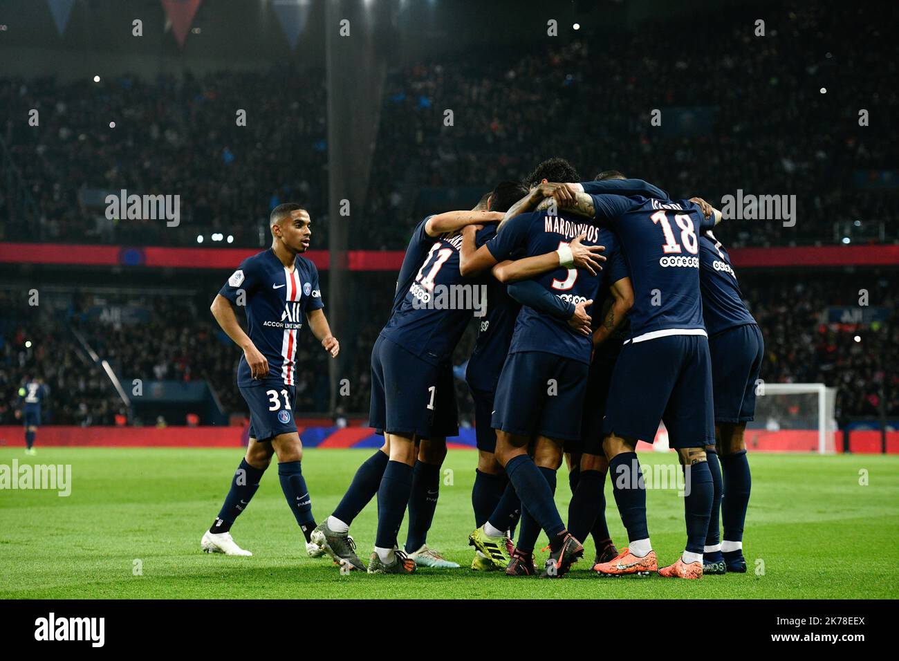 Olympique de Marseille Freude an Mauro Icardi nach seinem zweiten Tor am 11.. Tag der Ligue 1 Conforama, zwischen Paris Saint Germain (PSG) und Olympique Marseille (OM) am 27. Oktober 2019 Stockfoto