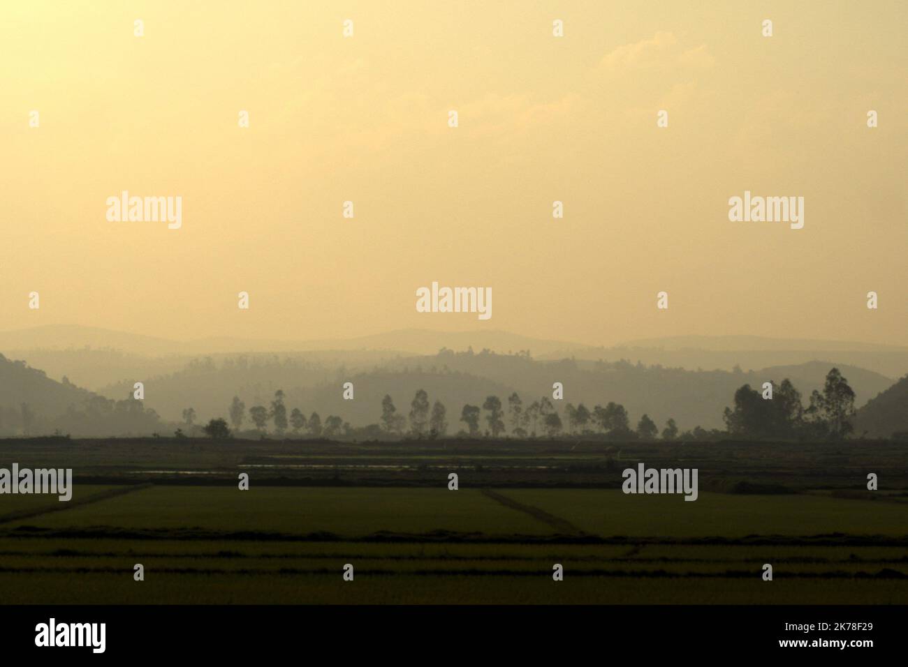 ©Arnaud De Grave / Le Pictorium/MAXPPP - Arnaud De Grave / Le Pictorium - 10/11/2015 - Madagaskar / Alaotra-Mangoro - Vue des rizieres autour du lac Alaotra dans les fumees de feux de brousse. / 10/11/2015 - Madagaskar / Alaotra-Mangoro - Blick auf die Rikepads rund um den Alaotra-See, durch den Rauch des Buschfeuers. Stockfoto