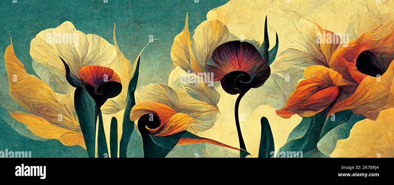 Abstrakte, traumhafte Blumen, inspiriert von Salvador Dalis Kunst, psychedelisches Blumenmuster für Tapeten und Hintergründe. Dekoratives Design für Flyer und Stockfoto
