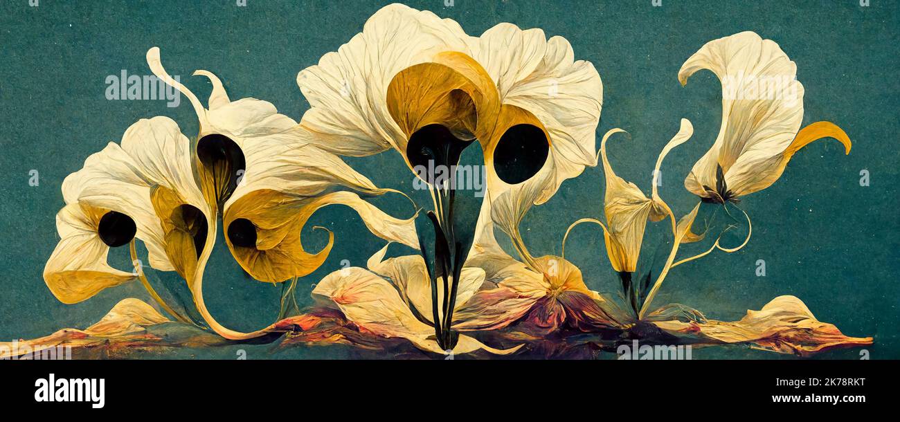 Abstrakte, traumhafte Blumen, inspiriert von Salvador Dalis Kunst, psychedelisches Blumenmuster für Tapeten und Hintergründe. Dekoratives Design für Flyer und Stockfoto
