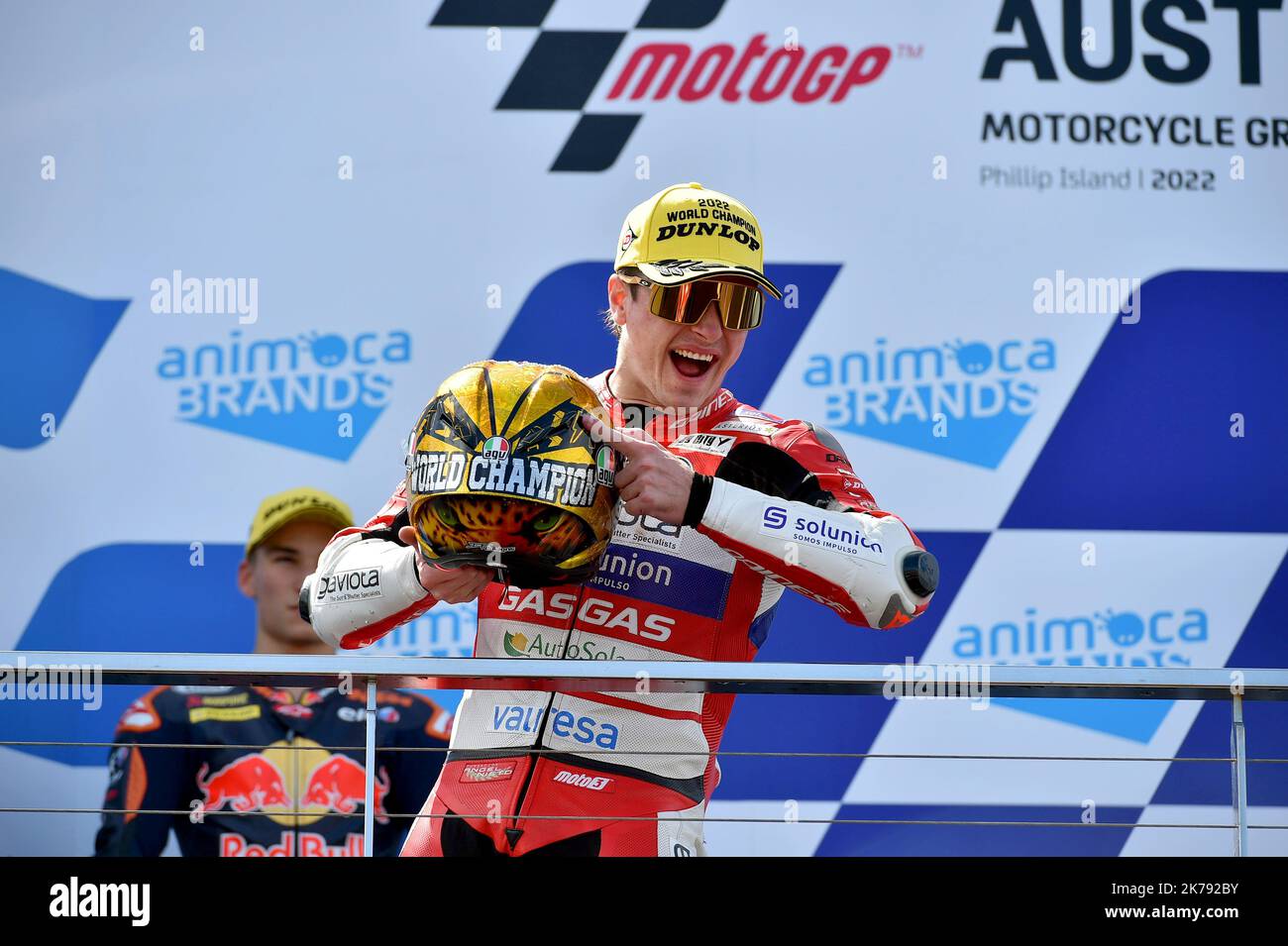 Phillip Island Circuit, Melbourne, Australien. 16. Oktober 2022. Izan Guevara gewinnt die Moto-3-Weltmeisterschaft nach einem Vierkampf um den Titel. Stockfoto