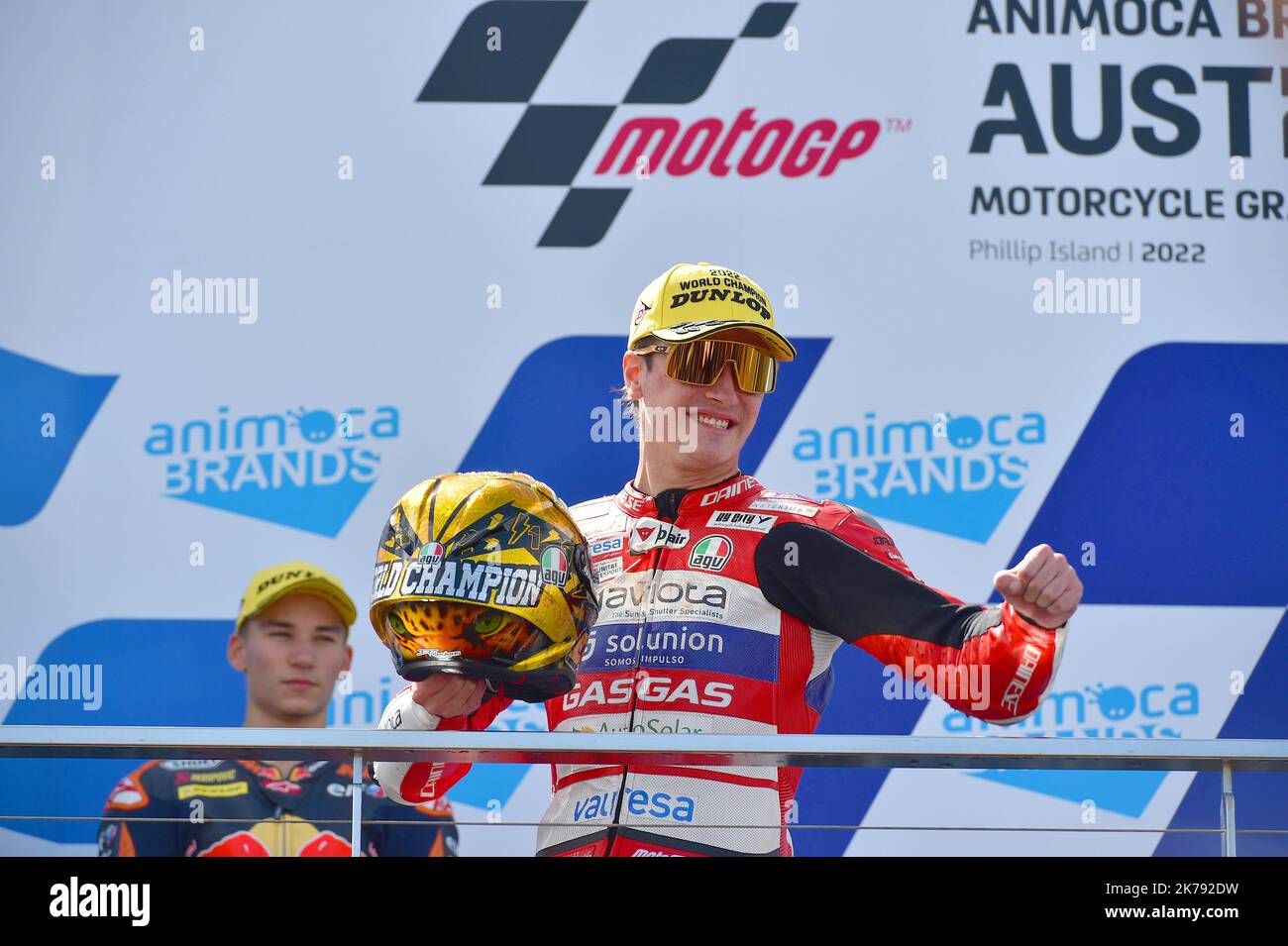 Phillip Island Circuit, Melbourne, Australien. 16. Oktober 2022. Izan Guevara gewinnt die Moto-3-Weltmeisterschaft nach einem Vierkampf um den Titel. Stockfoto