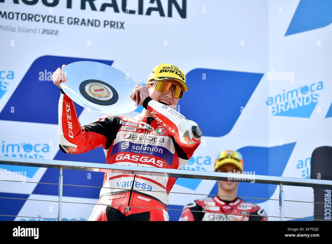 Phillip Island Circuit, Melbourne, Australien. 16. Oktober 2022. Izan Guevara gewinnt die Moto-3-Weltmeisterschaft nach einem Vierkampf um den Titel. Stockfoto