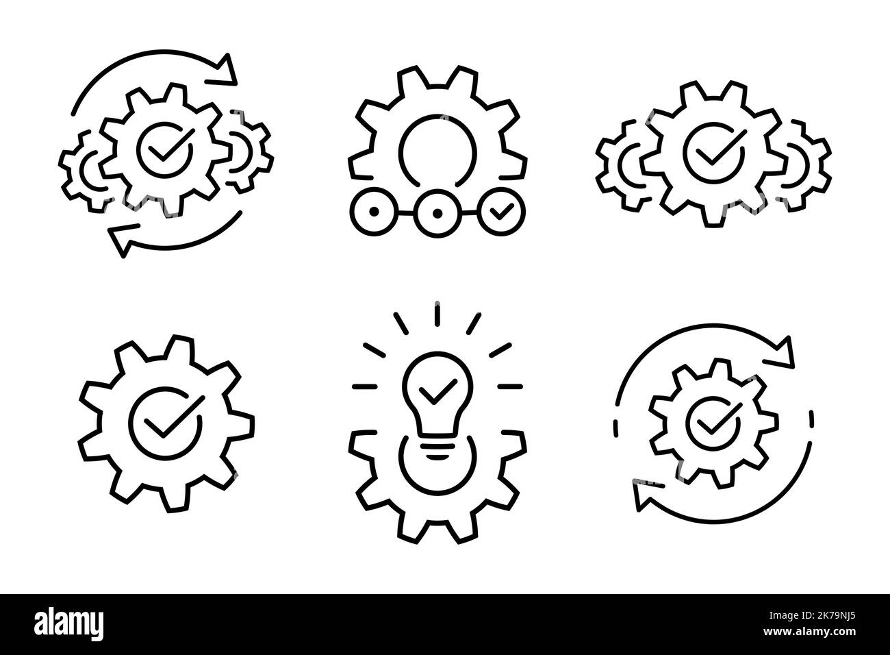 Symbol für effektive Lösung in flacher Form. Erfolgreiche Idee Symbole auf weiß. Prozesse oder Vorgänge – Symbole mit dünnen Linien in Schwarz. Zahnräder oder Zahnräder mit Kontrolle. Vecto Stock Vektor