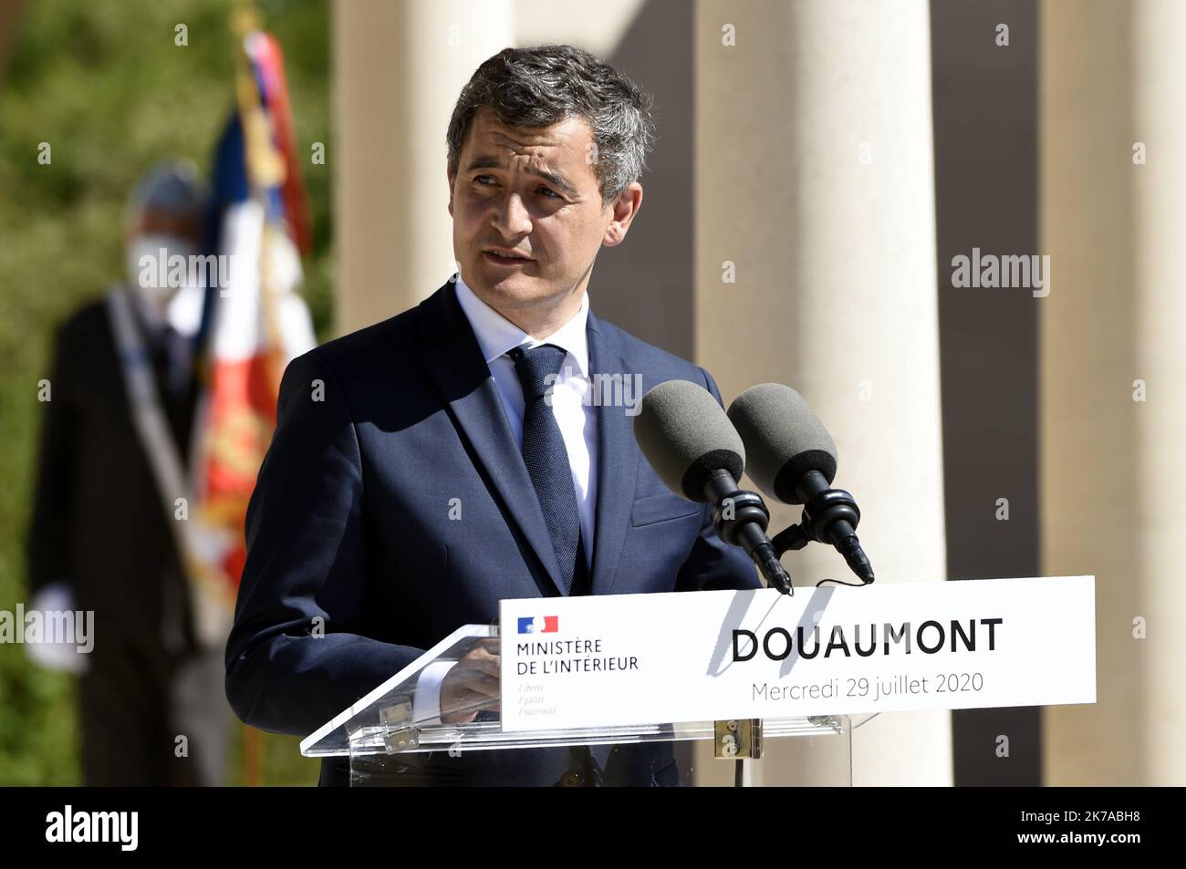 ©PHOTOPQR/L'EST REPUBLICAIN/ALEXANDRE MARCHI ; VERDUN ; 29/07/2020 ; POLITIQUE - HOMMAGE AUX COMBATTANS MUSULMANS - CULTE MUSULMAN - FRANCAIS MORTS POUR LA FRANCE - PREMIERE GUERRE MONDIALE - GRANDE GUERRE - 14 - 18 - 1914 - 1918 - MINISTRE. Fleury-devant-Douaumont (Maas) 29 juillet 2020. Discours de Gérald DARMANIN, Ministre de l’Intérieur et des Cultes, à Douaumont pour rendre Hommage aux Combattants Musulmans morts pour la France Lors de la Première guerre mondiale. FOTO Alexandre MARCHI. - Verdun, Frankreich, juli 29. 2020 - französische Hommage an die während des Ersten Weltkriegs getöteten muslime Stockfoto