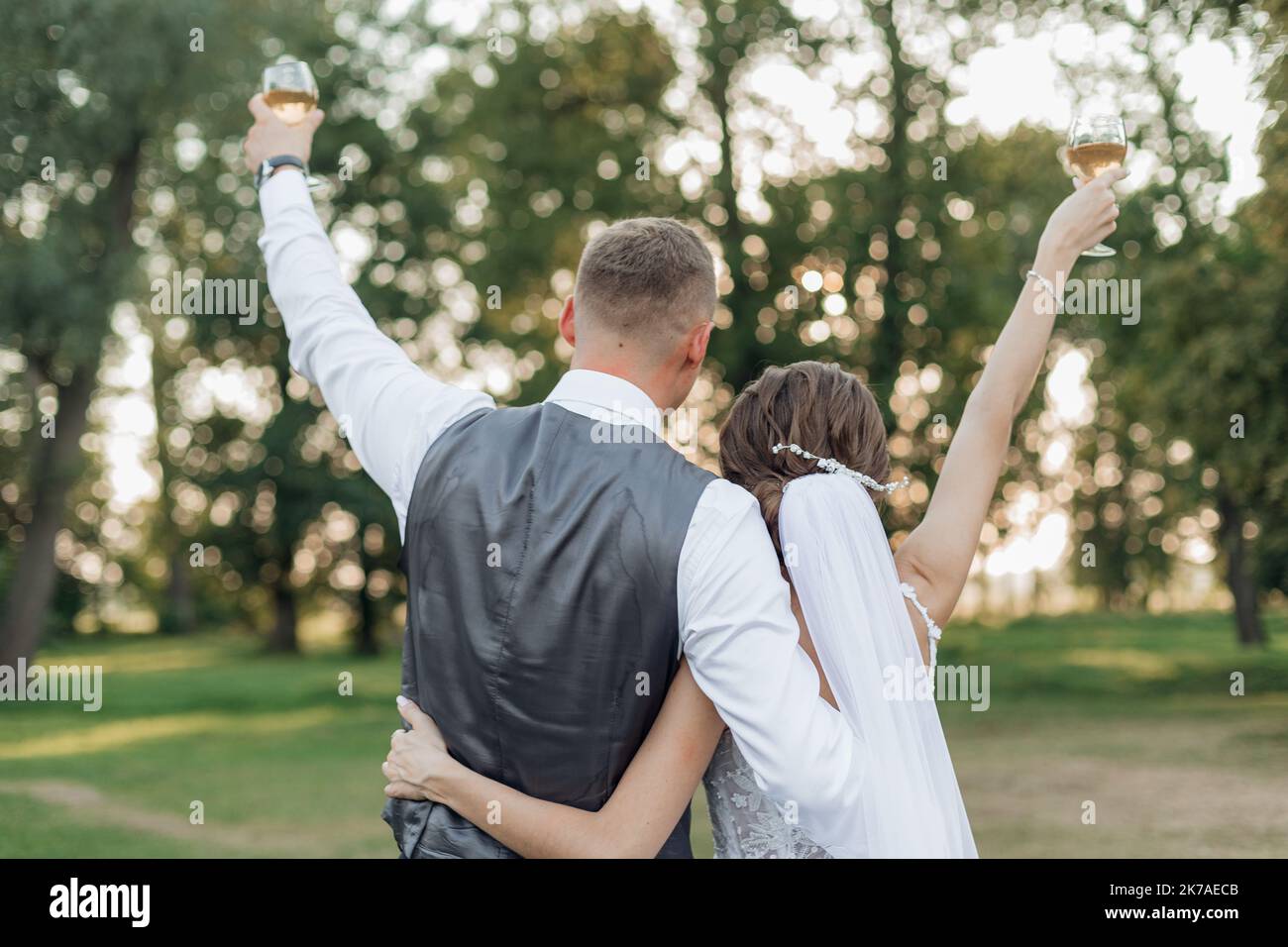 Rückansicht gerade verheiratetes Brautpaar im Hochzeitskleid mit Bräutigam in Anzug toasting trinken Champagner Wein im Park Stockfoto