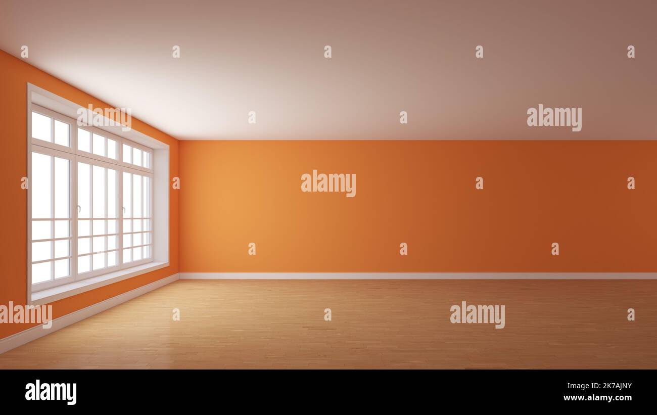 Frontansicht des Mockup Interior mit orangefarbenen verputzten Wänden, einem großen Fenster auf der linken Seite, weißem Sockel und einem hellen Parkettboden. Unmöbliertes Zimmer. Stockfoto