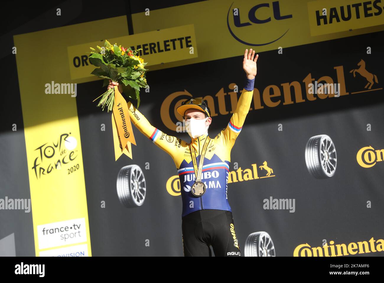 ©PHOTOPQR/LA PROVENCE/ ; ; ; Tour de France 2020. Etape Sisteron Orcieres. POOL PQR Le Slovène Primoz Roglic (Jumbo-Visma) a remporté ce mardi la 4e étape du Tour de France entre Sisteron (Alpes-de-Haute-Provence) et Orcières-Merlette (Hautes-Alpes). - Tour de France 2020, Etappe 4 / SISTERON > Orcières-MERLETTE Tour de France 2020, Stockfoto