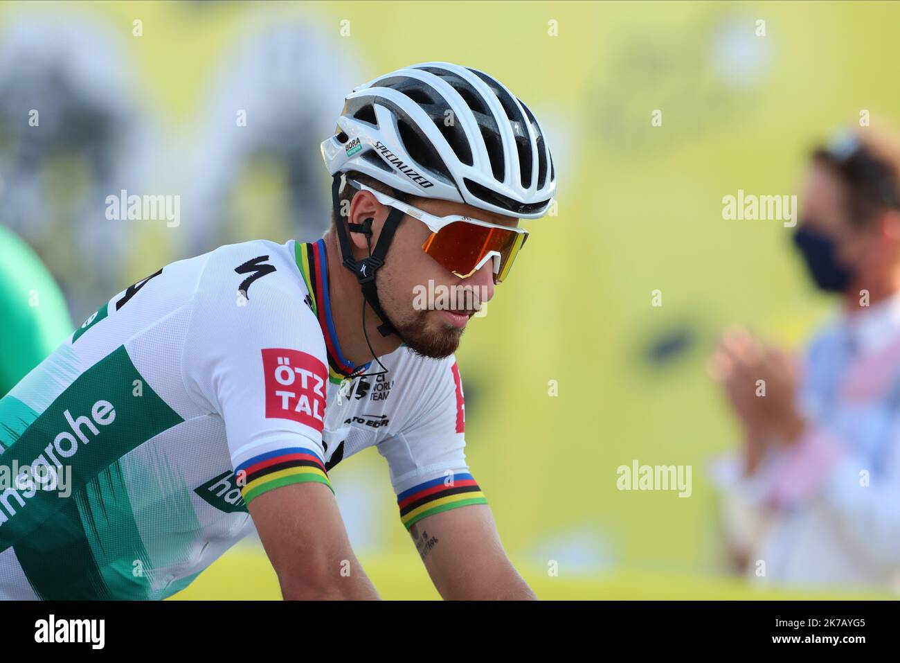 ©Pierre Teyssot/MAXPPP ; TOUR DE FRANCE 2020- UCI Cycling World Tour under Virus Outbreak. Etappe 18. von Meribel nach La Roche-Sur-Foron am 17.. September 2020, La Roche-Sur-Foron, Frankreich. Peter Sagan, Slowakei Bora - Hansgrohe © Pierre Teyssot / Maxppp Stockfoto