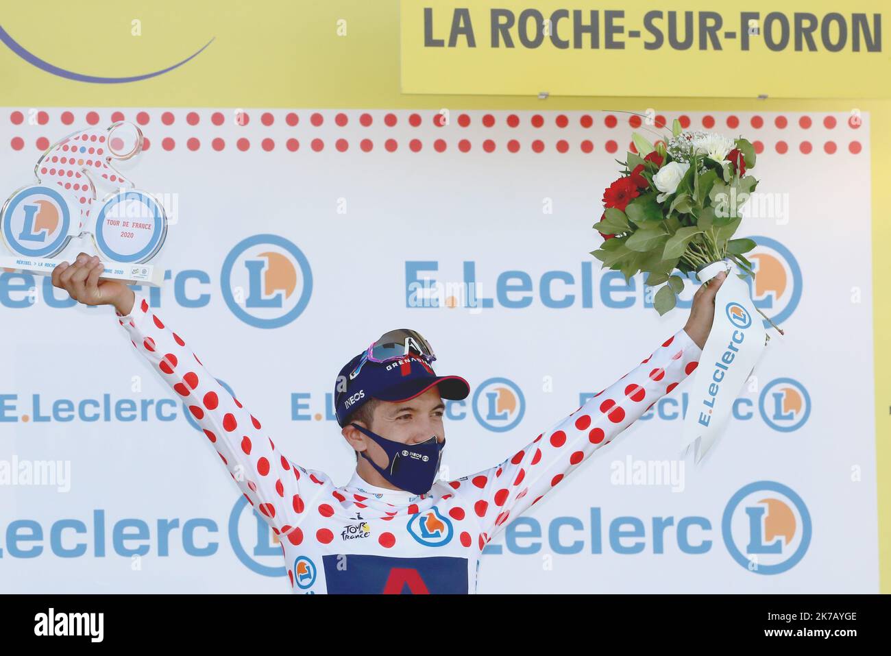 ©Pierre Teyssot/MAXPPP ; TOUR DE FRANCE 2020- UCI Cycling World Tour under Virus Outbreak. Etappe 18. von Meribel nach La Roche-Sur-Foron am 17.. September 2020, La Roche-Sur-Foron, Frankreich. Richard Carapaz Ecuador Ineos Grenadiers © Pierre Teyssot / Maxppp Stockfoto