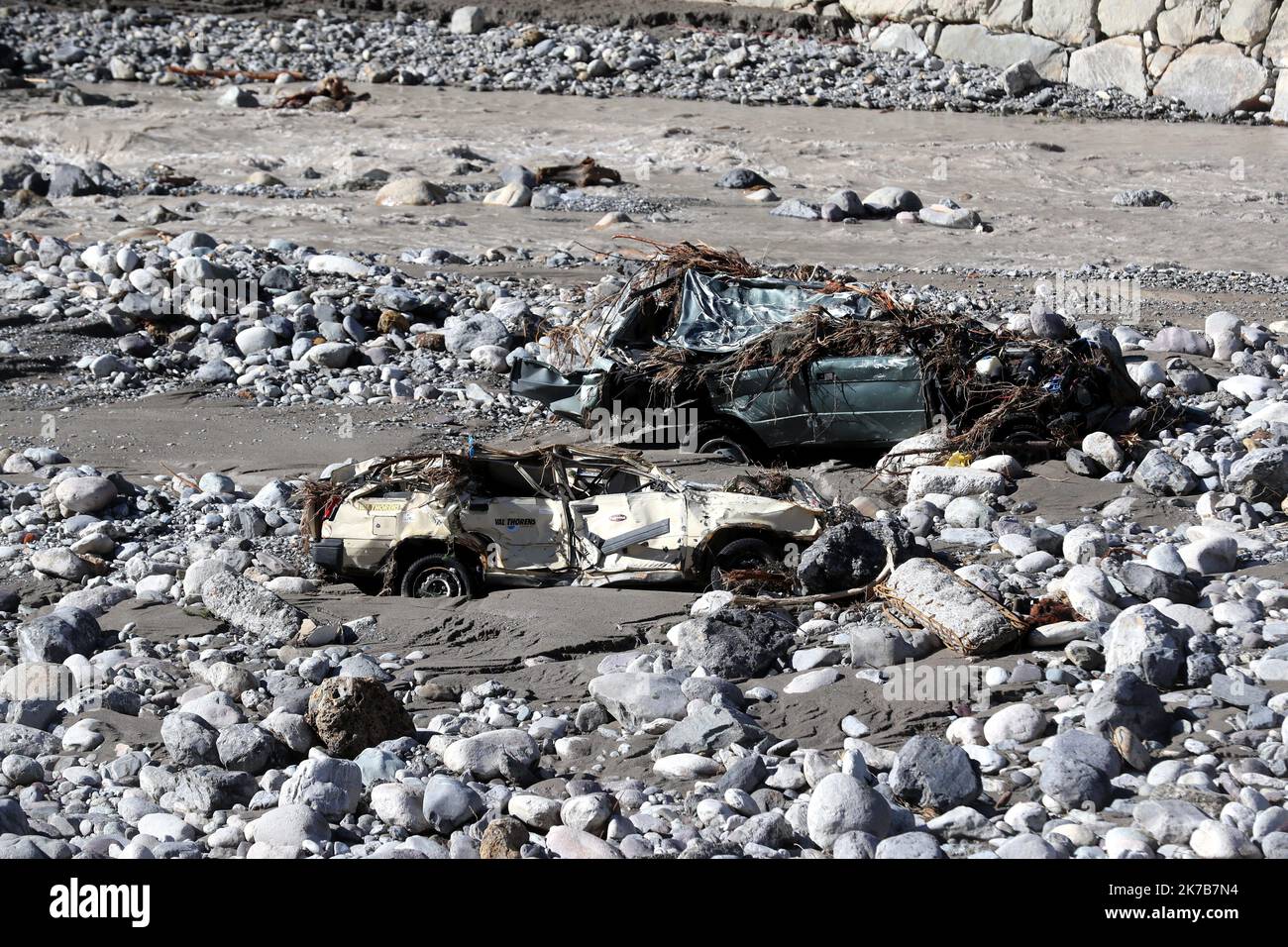 ©PHOTOPQR/NICE MATIN/Jean François Ottonello ; Vallée de la Roya ; 05/10/2020 ; OTTONELLO JEAN-FRANCOIS - lundi 5 octobre 2020, vallée de la Roya - ici, Breil-sur-Roya - Suite de la Tempête Alex qui a frappé les Alpes-Maritimes le vendredi 5 octobre - October 5, 2020. Nach dem Sturm VON ALEX in den Alpes Maritimes, Frankreich Stockfoto