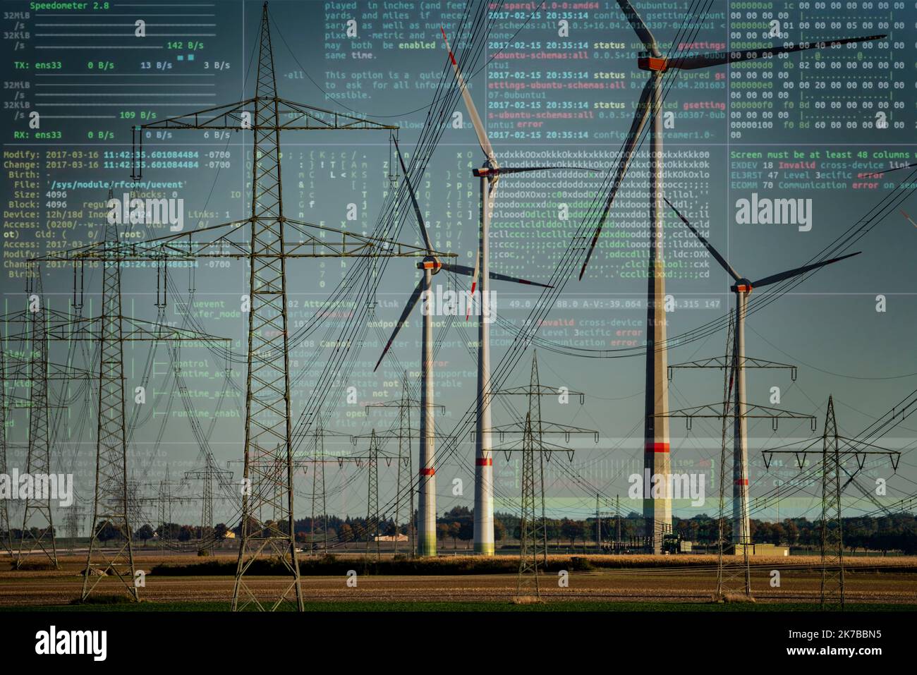 Symbolbild kritische Infrastruktur, Blackout-Gefahr, Cyberterrorismus, Windpark bei Bad Wünnenberg, Ostwestfälisches Lippe, entlang der Autobahn A44, Stockfoto