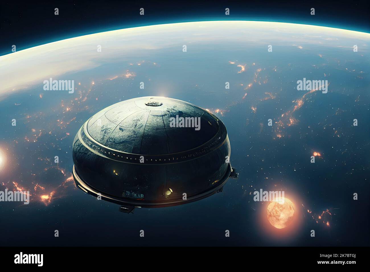 Alien-Raumschiff im Weltraum. UFO, nicht identifiziertes fliegendes Objekt, hoch oben am Himmel. Konzept von Alien-Invasion und außerirdischem Leben. Stockfoto