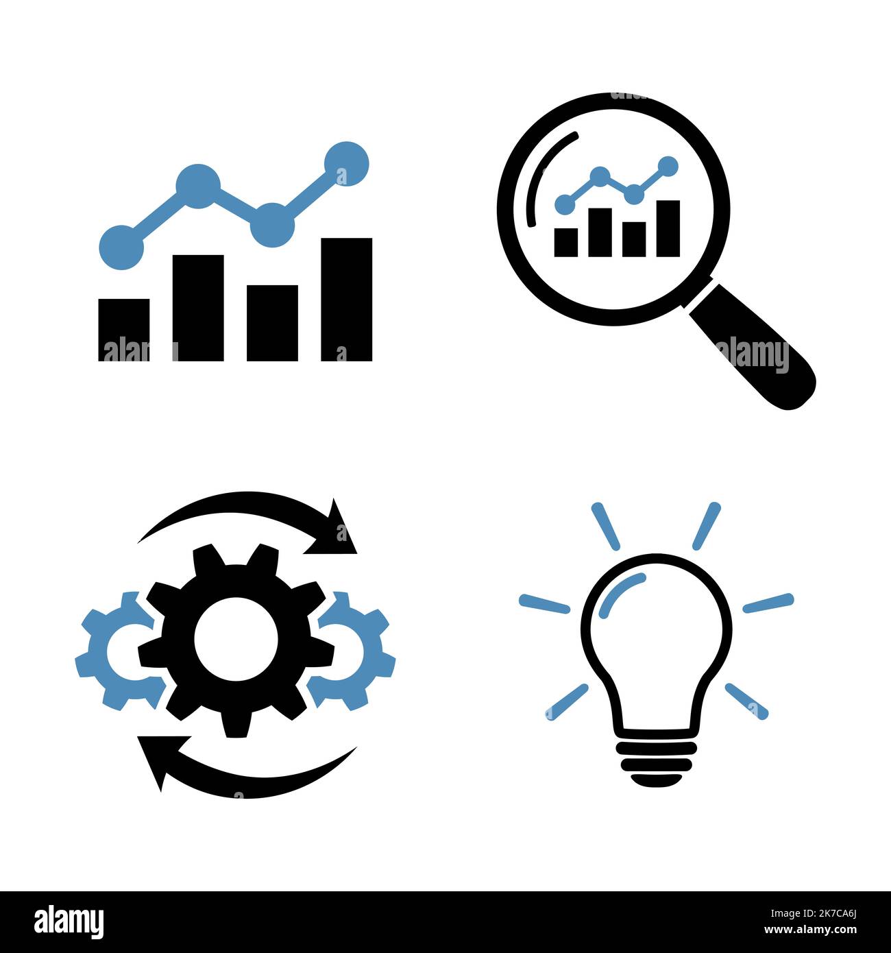 Business-Analyse und erfolgreiche Lösung Icon Set Finanzstatistiken Diagramm und Marketing-Forschung Symbole Infografik und Strategie-Suche, operat Stock Vektor