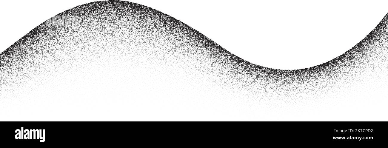 Hintergrund der Kornkurve. Hügel mit vertupfter Textur. Abstrakte Landschaft im Dotwork-Stil. Schwarzrauschen und Sandgradienteneffekt. Stochastischer gepunkteter Hintergrund Stock Vektor