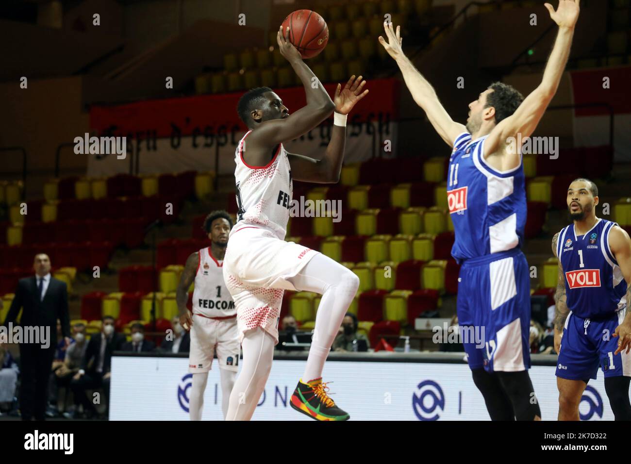 ©PHOTOPQR/NICE MATIN/Jean François Ottonello ; Monaco ; 23/03/2021 ; OTTONELLO JEAN-FRANCOIS - mardi 23 mars 2021 à 18h, salle Gaston Médecin à Monaco - SPO - Europcup - quart de finale aller AS Monaco / Pogdorica - 11 - Cissoko Eurocup des Korbes am märz 23. 2021 Monaco vs Podgorica Stockfoto