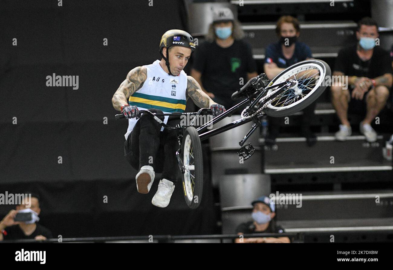 ©PHOTOPQR/LE MIDI LIBRE/JEAN MICHEL MART ; MONTPELLIER ; 07/06/2021 ; ARENA DE MONTPELLIER / CHAMPIONNAT DU MONDE UCI DE BMX PARK / FISE L'AUSTRALIEN LOGAN MARTIN A REMPORTE LE TITER DE CHAMPION DU MONDE - MONTPELLIER, FRANKREICH, JUNI 7TH 2021 FISE EUROPEAN SERIES ET FISE WORLD SERIES. Stockfoto